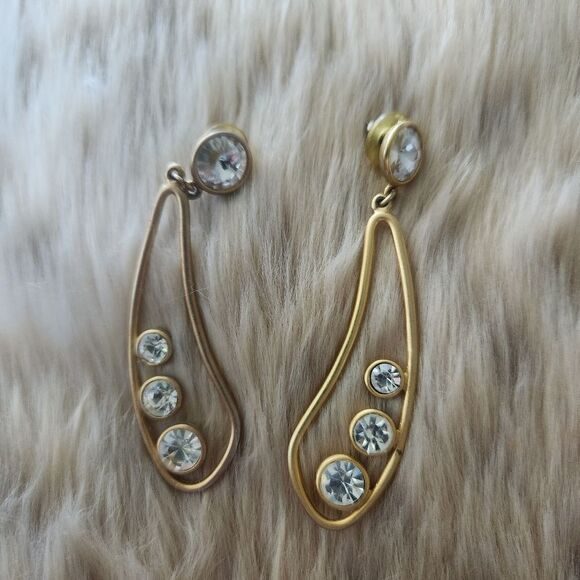 Vintage Gold Elegant Triple Rhinestone Dangle Earrings Post Back - Picture 1 of 3